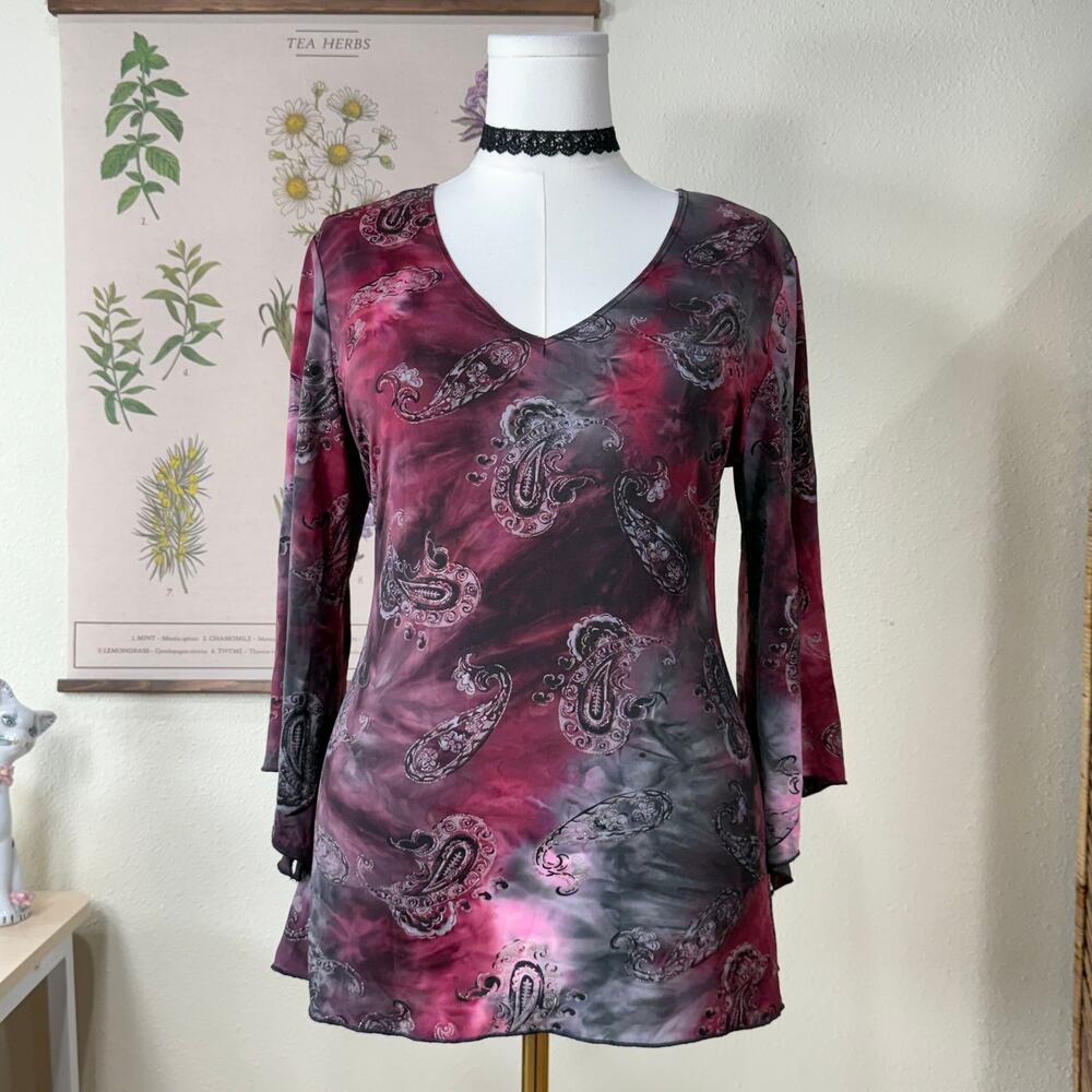 90s Y2k Paisley Glitter Flare Sleeve Top Dark Fairy Whimsigoth Witchy Vampire XL